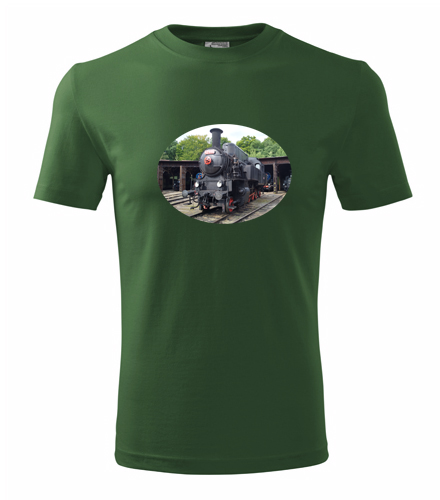 Lahvově zelené tričko s parní lokomotivou 423
