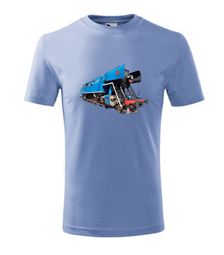 Světle modré dětské tričko s parní lokomotivou papoušek