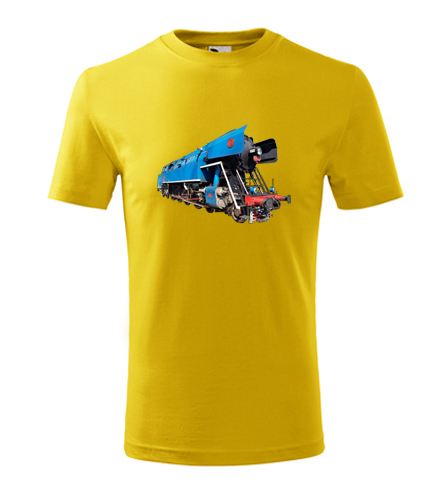 Žluté dětské tričko s parní lokomotivou papoušek