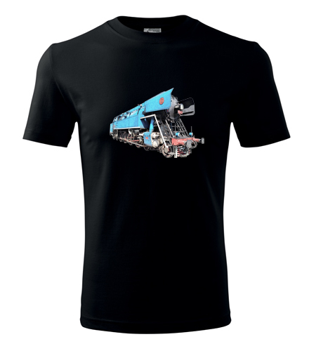 Černé tričko s kresbou parní lokomotivy papoušek