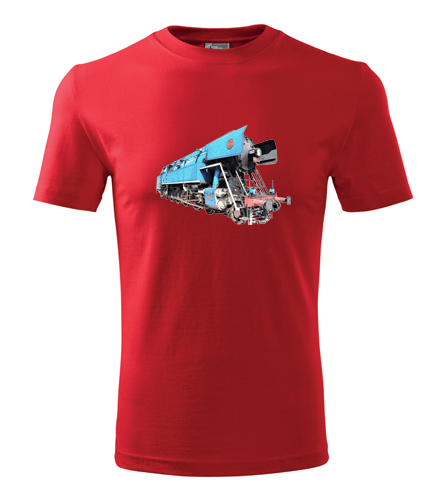 Červené tričko s kresbou parní lokomotivy papoušek