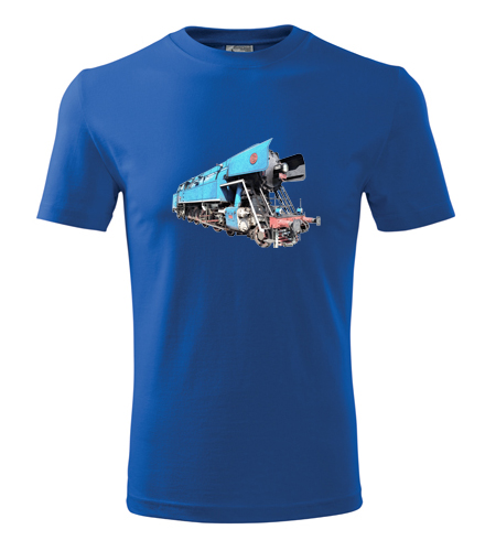 Modré tričko s kresbou parní lokomotivy papoušek