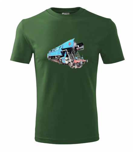 Lahvově zelené tričko s kresbou parní lokomotivy papoušek