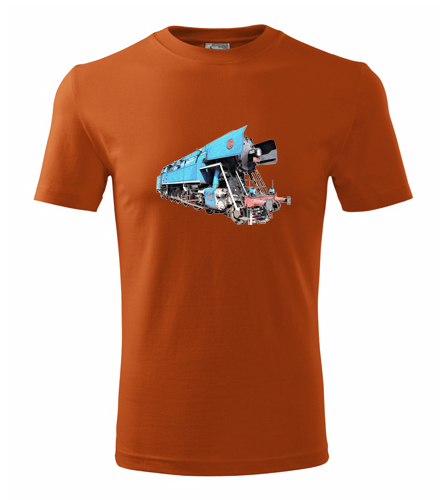Oranžové tričko s kresbou parní lokomotivy papoušek