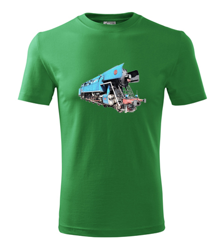 Zelené tričko s kresbou parní lokomotivy papoušek