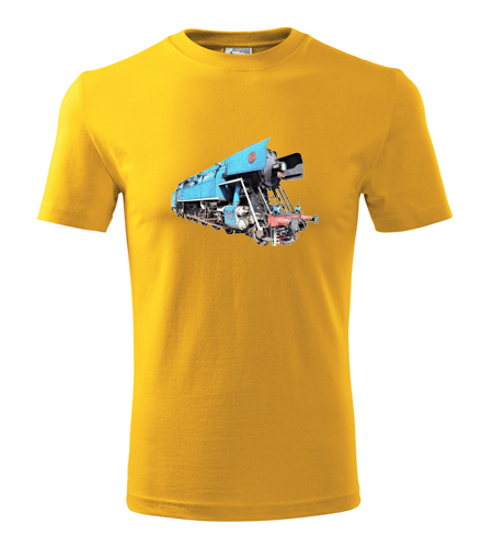 Žluté tričko s kresbou parní lokomotivy papoušek