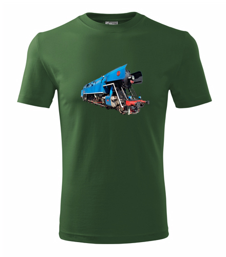 Lahvově zelené tričko s parní lokomotivou papoušek
