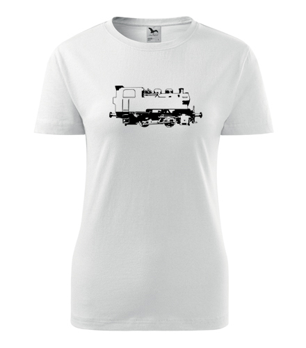 Bílé dámské tričko s obrázkem parní lokomotivy 213