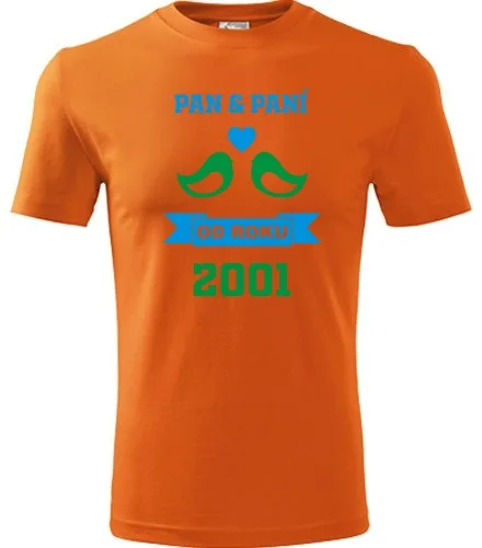 Oranžové tričko k výročí svatby - holubičky zlaté