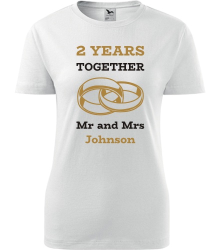 Bílé dámské tričko k výročí svatby - Mr and Mrs - zlaté prstýnky
