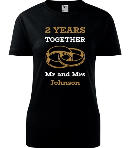 Černé dámské tričko k výročí svatby - Mr and Mrs - zlaté prstýnky