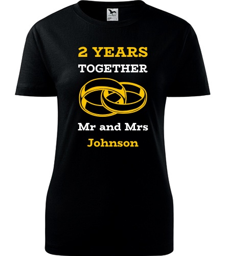 Černé dámské tričko k výročí svatby - Mr and Mrs - žluté prstýnky