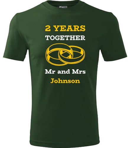 Lahvově zelené tričko k výročí svatby - Mr and Mrs - žluté prstýnky